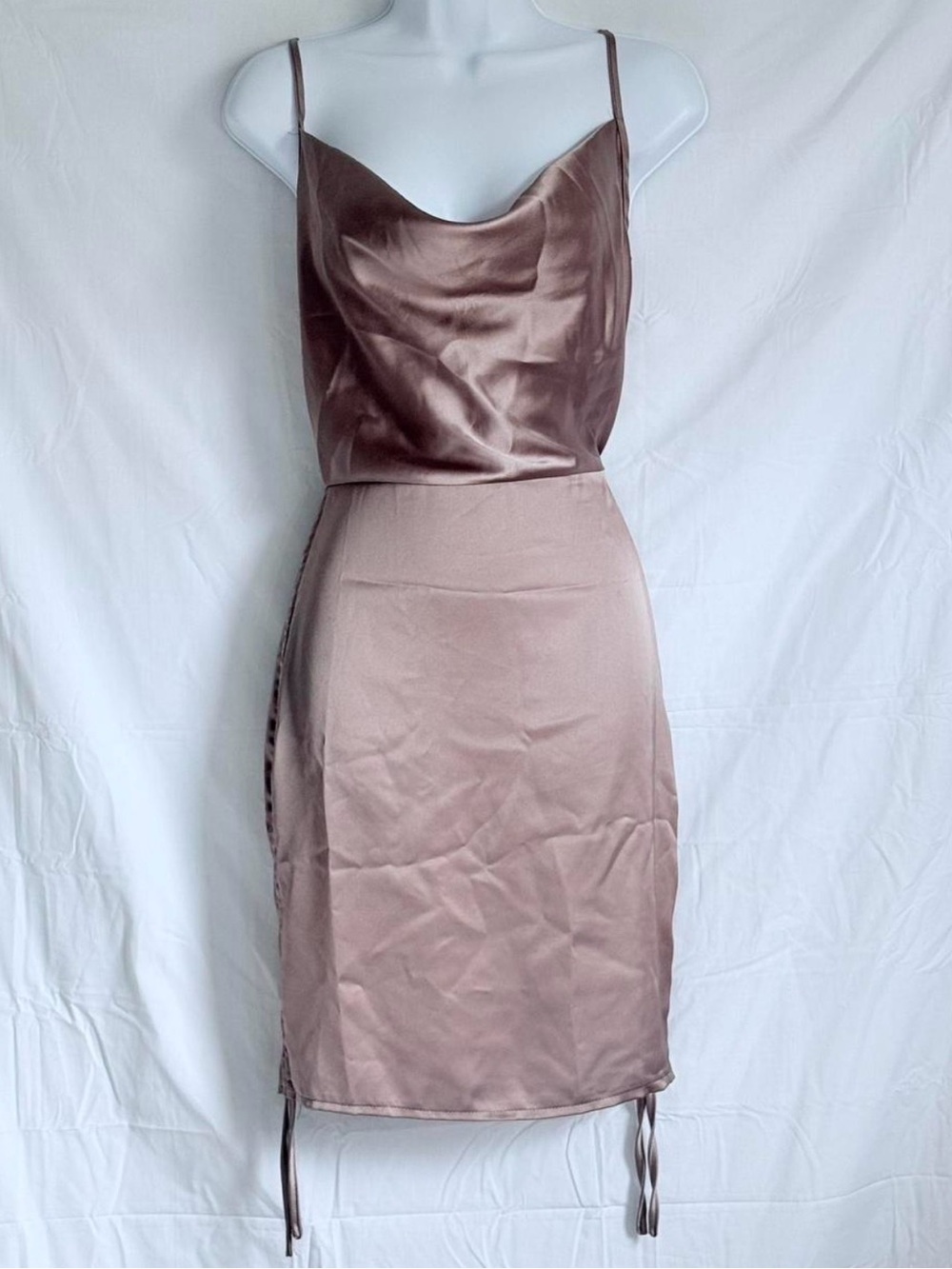 champagne satin cowl neck midi dress